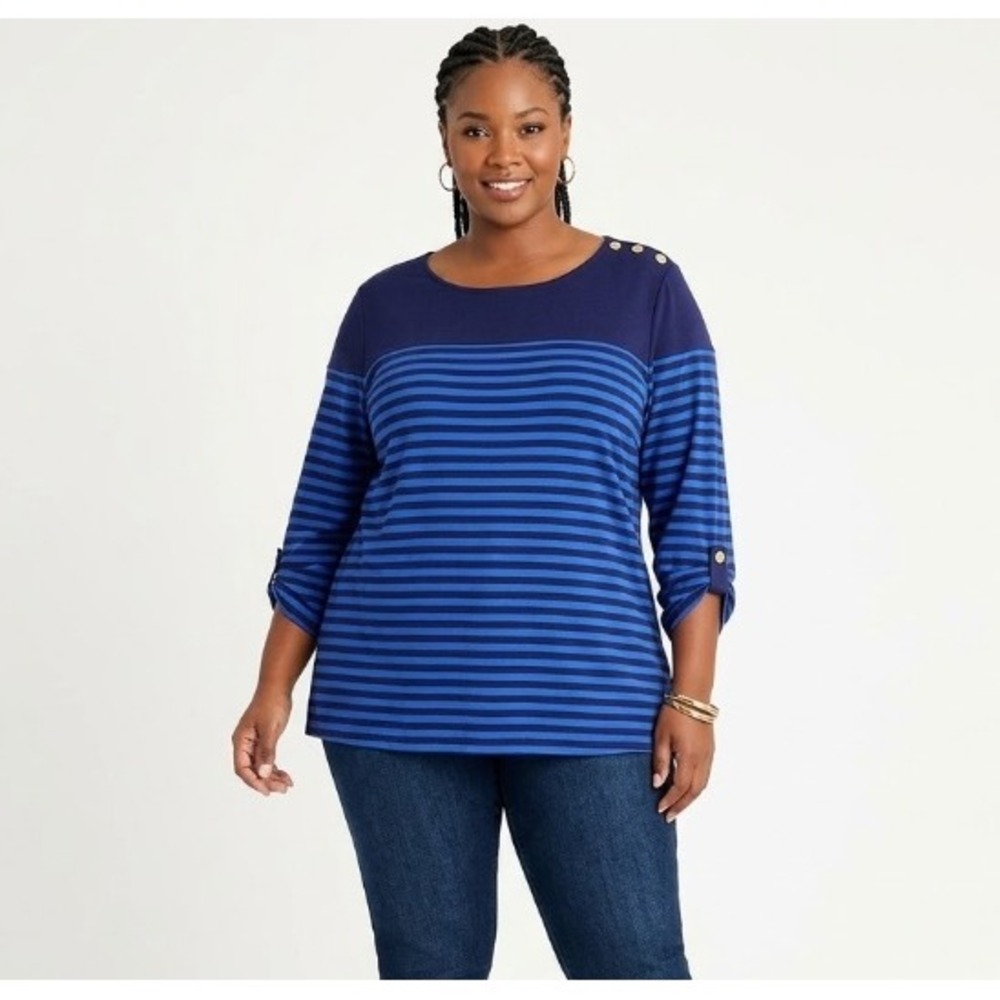 Antthony Blue Striped Soft Stretch Button Detail Top Size 2X
